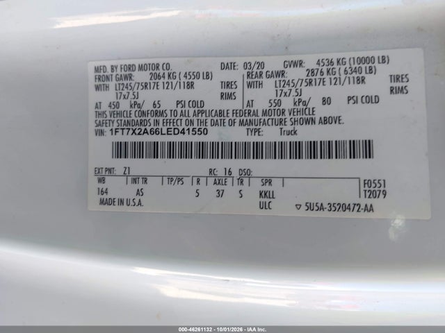 2020 Ford F-250 Xl მანქანა იყიდება აუქციონზე, vin: 1FT7X2A66LED41550, აუქციონის ნომერი: 46261132