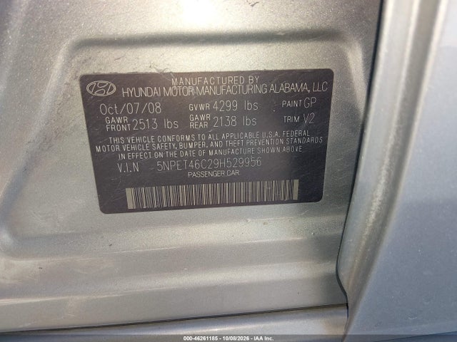 Aukcja sprzedaży 2009 Hyundai Sonata Gls, vin: 5NPET46C29H529956, numer aukcji: 46261185