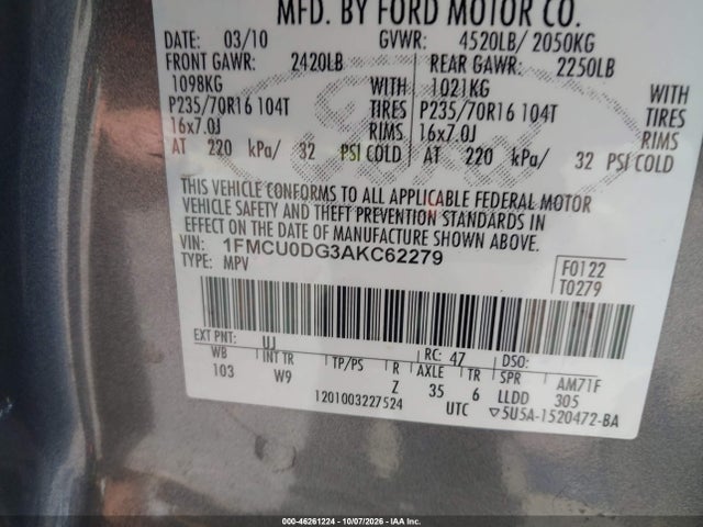 46261224 :رقم المزاد ، 1FMCU0DG3AKC62279 vin ، 2010 Ford Escape Xlt مزاد بيع