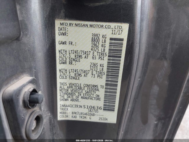 46261233 :رقم المزاد ، 1N6AA1C39JN510636 vin ، 2018 Nissan Titan Xd S Gas مزاد بيع