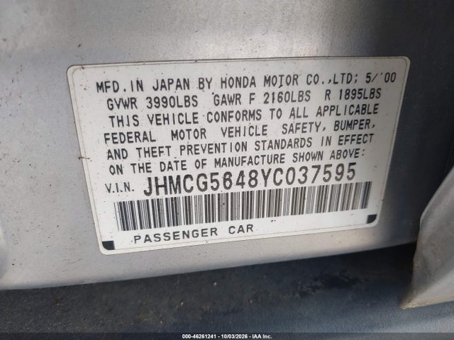 46261241 :رقم المزاد ، JHMCG5648YC037595 vin ، 2000 Honda Accord 2.3 Lx مزاد بيع