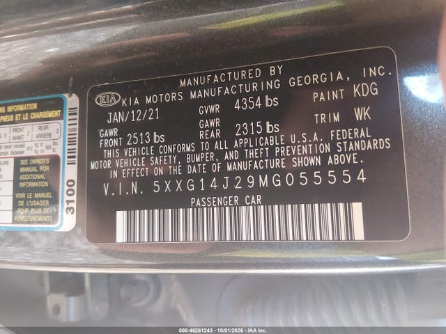 Aukcja sprzedaży 2021 Kia K5 Lxs, vin: 5XXG14J29MG055554, numer aukcji: 46261243