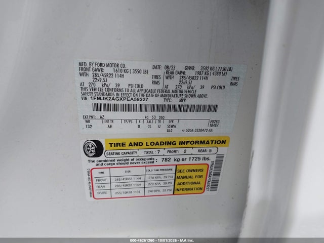 2023 Ford Expedition Limited Max მანქანა იყიდება აუქციონზე, vin: 1FMJK2AGXPEA58227, აუქციონის ნომერი: 46261260