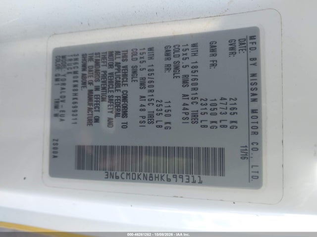 46261262 :رقم المزاد ، 3N6CM0KN8HK699311 vin ، 2017 Nissan Nv200 S مزاد بيع