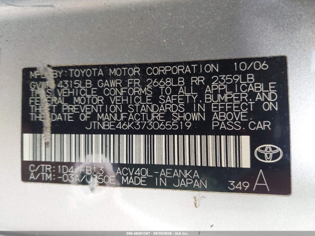 Продажа на аукционе авто 2007 Toyota Camry Le, vin: JTNBE46K373065519, номер лота: 46261267