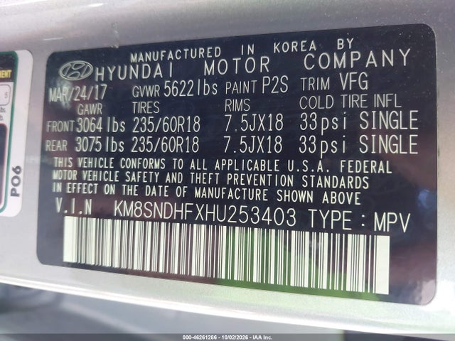 Aukcja sprzedaży 2017 Hyundai Santa Fe Se, vin: KM8SNDHFXHU253403, numer aukcji: 46261286
