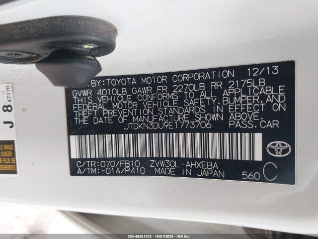 46261302 :رقم المزاد ، JTDKN3DU9E1773706 vin ، 2014 Toyota Prius Two مزاد بيع