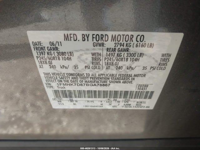 Продаж на аукціоні авто 2011 Ford Explorer Xlt, vin: 1FMHK7D87BGA78867, номер лоту: 46261313