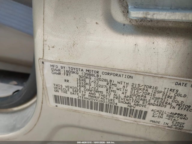 46261315 :رقم المزاد ، JTEHH20VX16010824 vin ، 2001 Toyota Rav4 مزاد بيع