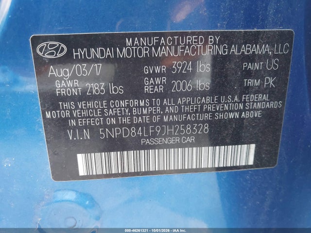 2018 Hyundai Elantra Sel მანქანა იყიდება აუქციონზე, vin: 5NPD84LF9JH258328, აუქციონის ნომერი: 46261321