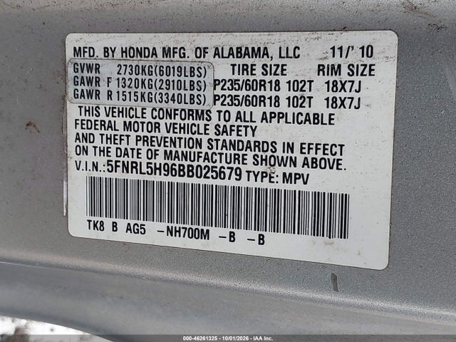 Продаж на аукціоні авто 2011 Honda Odyssey Touring/touring Elite, vin: 5FNRL5H96BB025679, номер лоту: 46261325