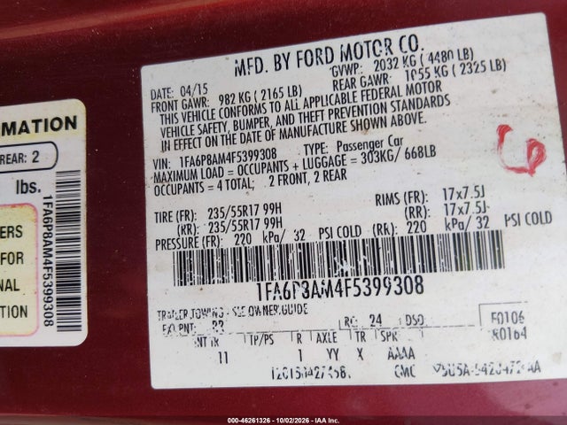 46261326 :رقم المزاد ، 1FA6P8AM4F5399308 vin ، 2015 Ford Mustang V6 مزاد بيع