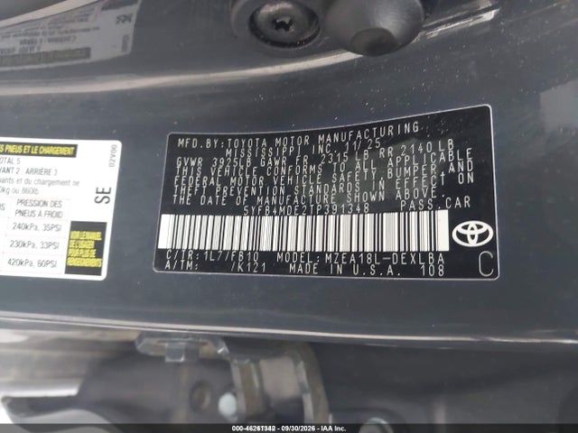 Aukcja sprzedaży 2026 Toyota Corolla Le, vin: 5YFB4MDE2TP391348, numer aukcji: 46261342