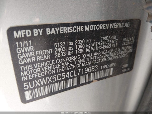 Aukcja sprzedaży 2012 Bmw X3 Xdrive28i, vin: 5UXWX5C54CL719683, numer aukcji: 46261343
