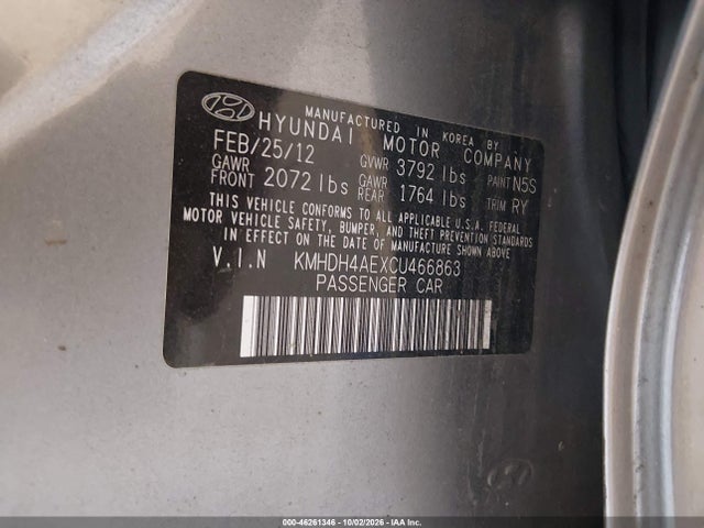 Aukcja sprzedaży 2012 Hyundai Elantra Limited (ulsan Plant), vin: KMHDH4AEXCU466863, numer aukcji: 46261346