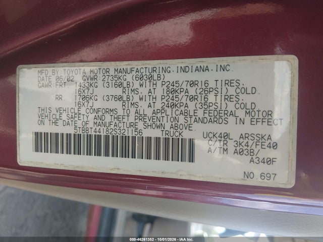 Aukcja sprzedaży 2002 Toyota Tundra Sr5 V8, vin: 5TBBT44182S321156, numer aukcji: 46261352