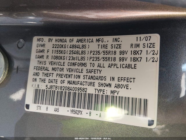 46261354 :رقم المزاد ، 5J8TB18208A009582 vin ، 2008 Acura Rdx مزاد بيع