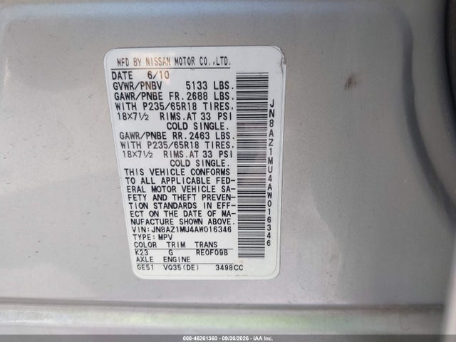 2010 Nissan Murano S მანქანა იყიდება აუქციონზე, vin: JN8AZ1MU4AW016346, აუქციონის ნომერი: 46261360
