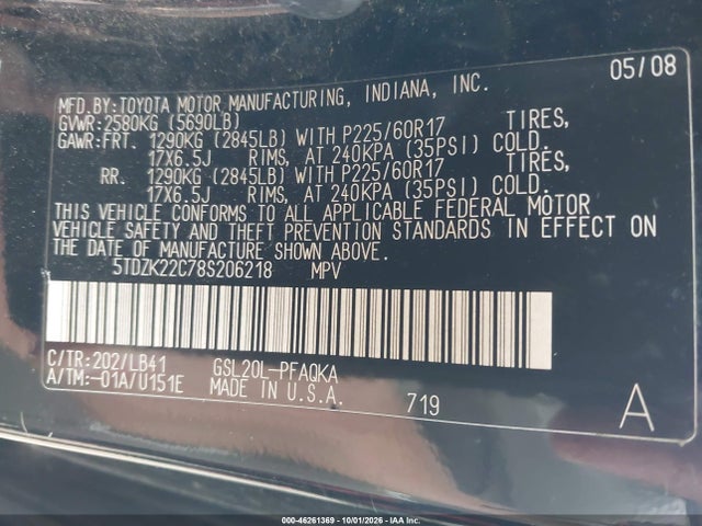 2008 Toyota Sienna Limited მანქანა იყიდება აუქციონზე, vin: 5TDZK22C78S206218, აუქციონის ნომერი: 46261369