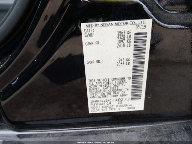 Aukcja sprzedaży 2019 Nissan Altima 2.5 Sr, vin: 1N4BL4CV6KC240272, numer aukcji: 46261376