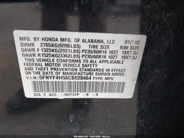 Продаж на аукціоні авто 2012 Honda Pilot Ex-l, vin: 5FNYF4H56CB028464, номер лоту: 46261398