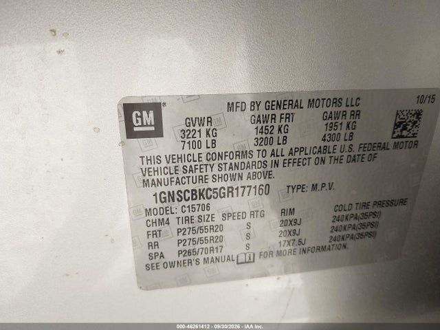 Продаж на аукціоні авто 2016 Chevrolet Tahoe Lt, vin: 1GNSCBKC5GR177160, номер лоту: 46261412