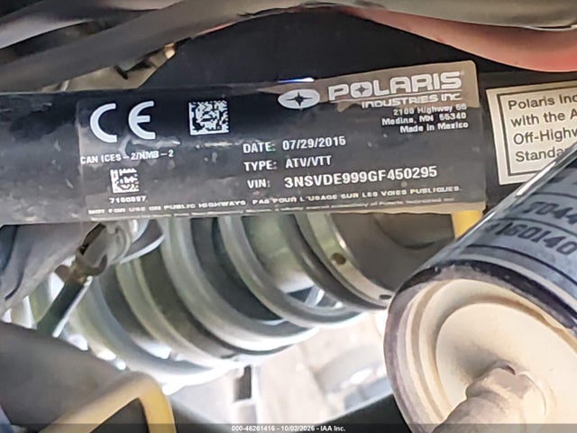 2016 Polaris Rzr Xp 1000 Eps მანქანა იყიდება აუქციონზე, vin: 3NSVDE999GF450295, აუქციონის ნომერი: 46261416