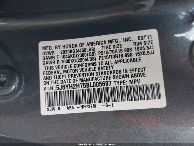 46261421 :رقم المزاد ، 5J6YH2H75BL005697 vin ، 2011 Honda Element Ex مزاد بيع