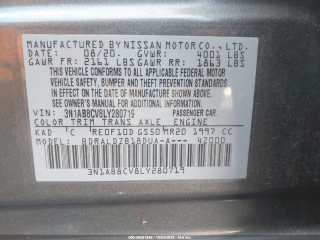 Продаж на аукціоні авто 2020 Nissan Sentra Sv Xtronic Cvt, vin: 3N1AB8CV8LY280719, номер лоту: 46261448