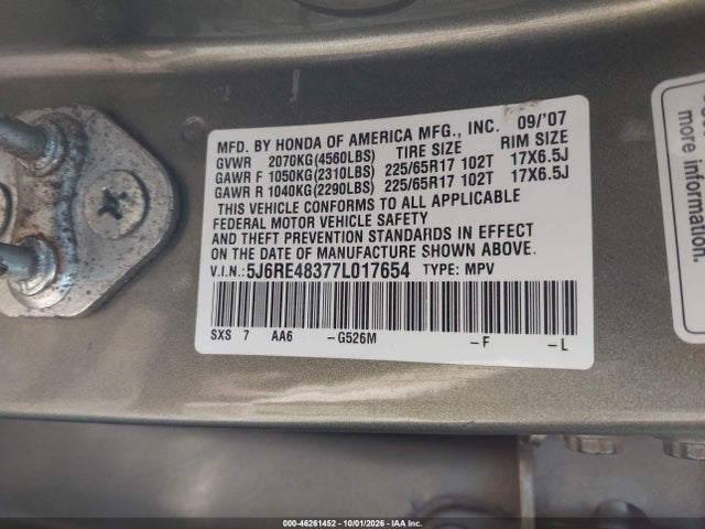 Aukcja sprzedaży 2007 Honda Cr-v Lx, vin: 5J6RE48377L017654, numer aukcji: 46261452