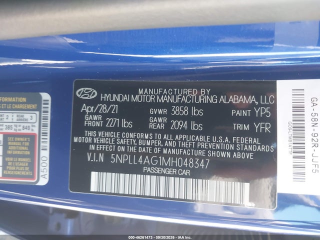 2021 Hyundai Elantra Se მანქანა იყიდება აუქციონზე, vin: 5NPLL4AG1MH048347, აუქციონის ნომერი: 46261473