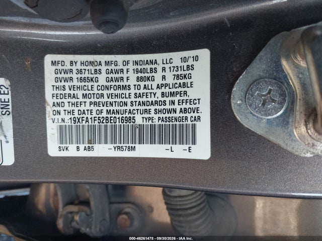 Aukcja sprzedaży 2011 Honda Civic Lx, vin: 19XFA1F52BE016985, numer aukcji: 46261478