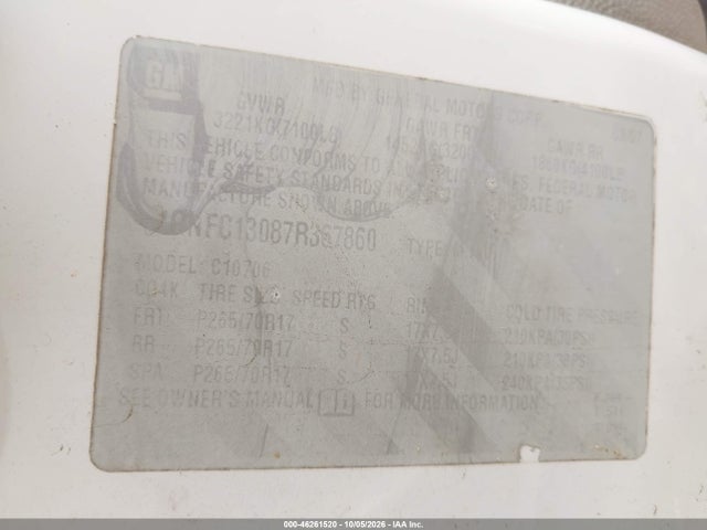 46261520 :رقم المزاد ، 1GNFC13087R367860 vin ، 2007 Chevrolet Tahoe Lt مزاد بيع