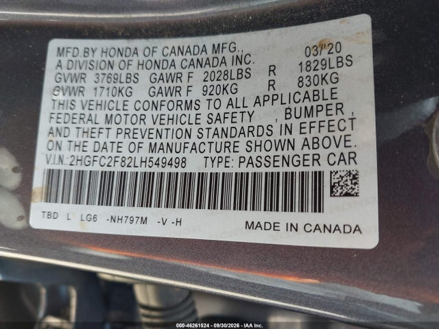 Auction sale of the 2020 Honda Civic Sport, vin: 2HGFC2F82LH549498, lot number: 46261524