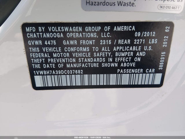 46261526 :رقم المزاد ، 1VWBH7A39DC037682 vin ، 2013 Volkswagen Passat 2.5l Se مزاد بيع