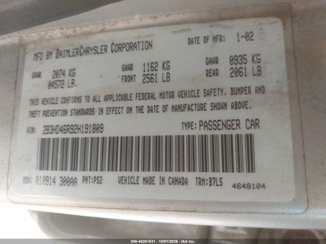 46261531 :رقم المزاد ، 2B3HD46R92H191809 vin ، 2002 Dodge Intrepid Se مزاد بيع