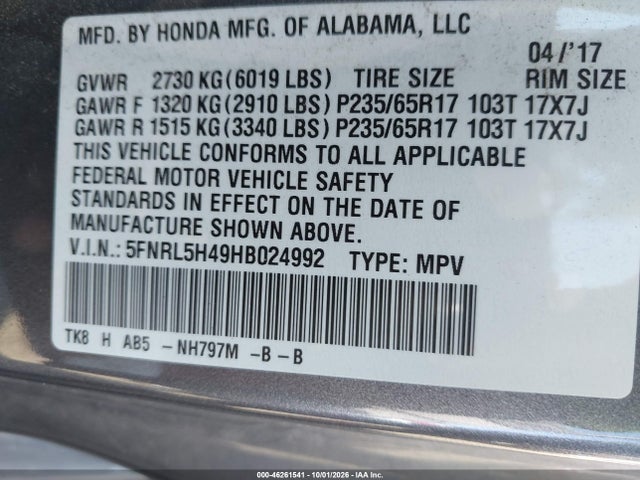 Продаж на аукціоні авто 2017 Honda Odyssey Ex, vin: 5FNRL5H49HB024992, номер лоту: 46261541