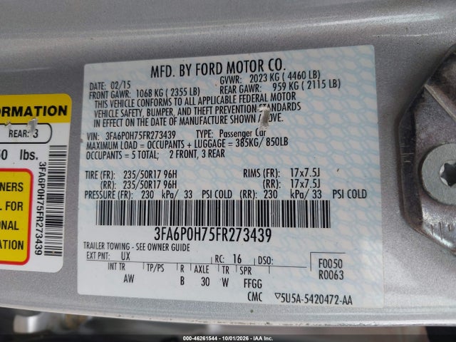 Aukcja sprzedaży 2015 Ford Fusion Se, vin: 3FA6P0H75FR273439, numer aukcji: 46261544