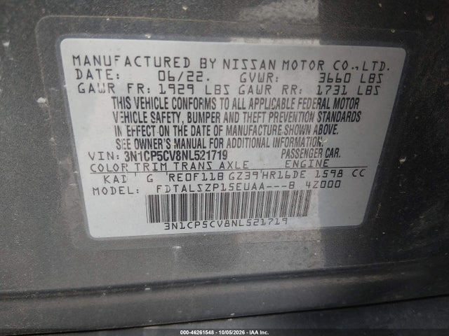 Продажа на аукционе авто 2022 Nissan Kicks Sv Xtronic Cvt, vin: 3N1CP5CV8NL521719, номер лота: 46261548