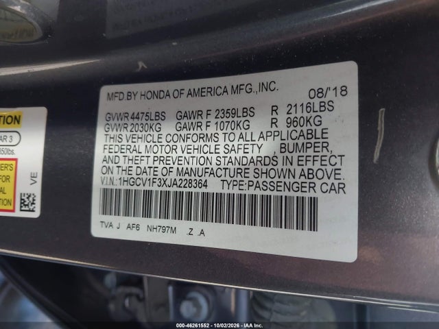 2018 Honda Accord Sport მანქანა იყიდება აუქციონზე, vin: 1HGCV1F3XJA228364, აუქციონის ნომერი: 46261552