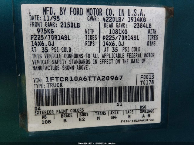 1996 Ford Ranger მანქანა იყიდება აუქციონზე, vin: 1FTCR10A6TTA20967, აუქციონის ნომერი: 46261557