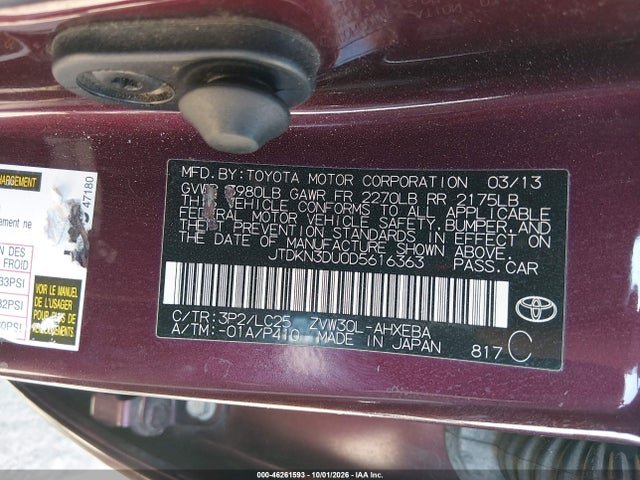Auction sale of the 2013 Toyota Prius Three Se, vin: JTDKN3DU0D5616363, lot number: 46261593
