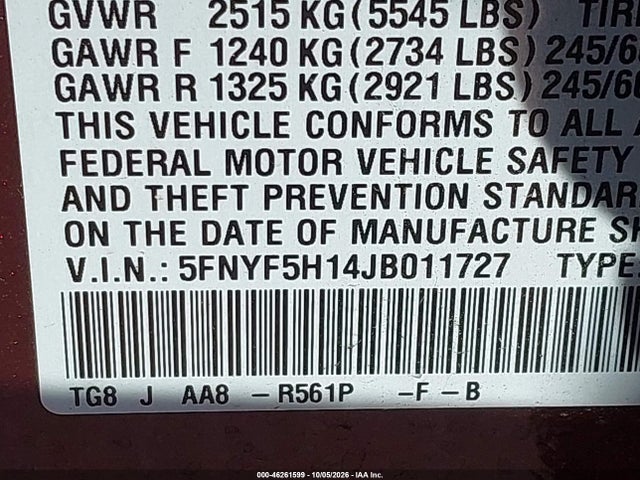 5FNYF5H14JB011727 Honda PILOT LX
