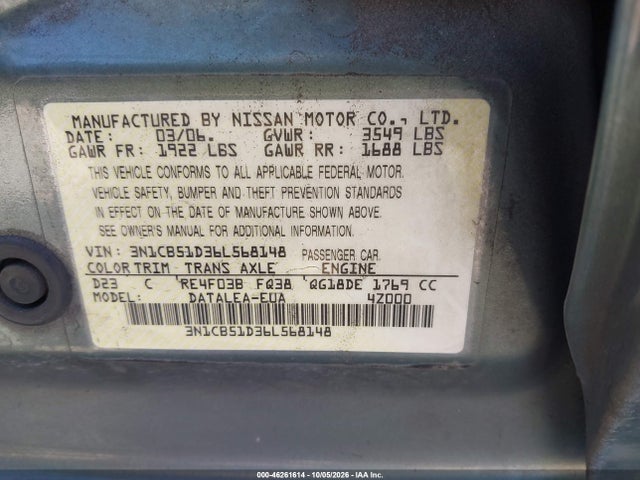 46261614 :رقم المزاد ، 3N1CB51D36L568148 vin ، 2006 Nissan Sentra 1.8s مزاد بيع