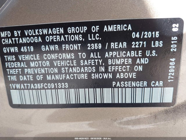 2015 Volkswagen Passat 1.8t Wolfsburg Edition მანქანა იყიდება აუქციონზე, vin: 1VWAT7A35FC091333, აუქციონის ნომერი: 46261623