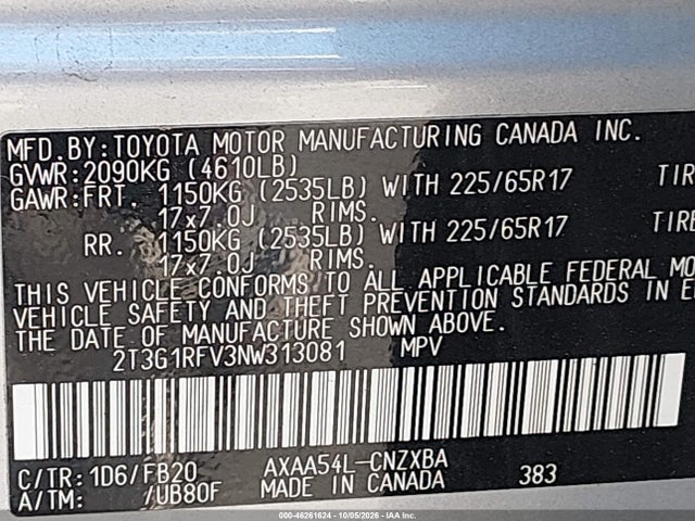 46261624 :رقم المزاد ، 2T3G1RFV3NW313081 vin ، 2022 Toyota Rav4 Le مزاد بيع