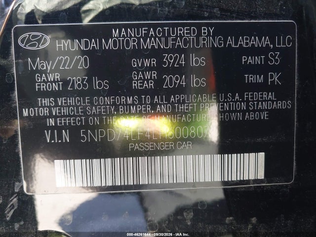5NPD74LF4LH600807 Hyundai ELANTRA SE