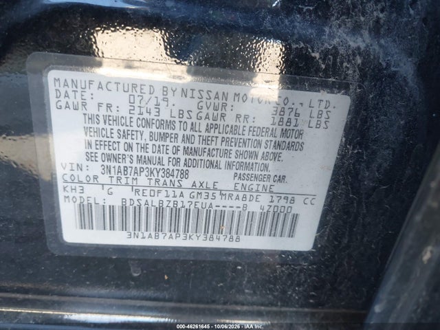 Aukcja sprzedaży 2019 Nissan Sentra S, vin: 3N1AB7AP3KY384788, numer aukcji: 46261645