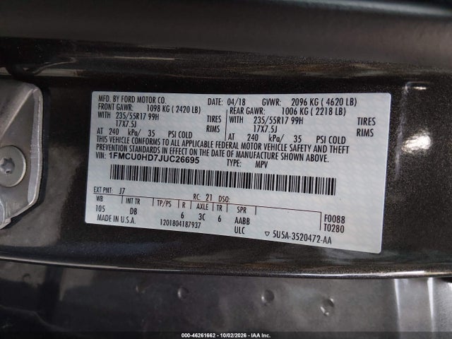 Aukcja sprzedaży 2018 Ford Escape Sel, vin: 1FMCU0HD7JUC26695, numer aukcji: 46261662