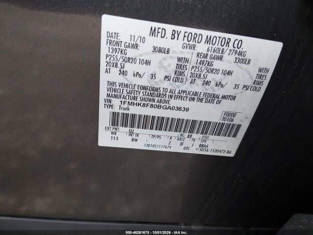 46261675 :رقم المزاد ، 1FMHK8F80BGA03639 vin ، 2011 Ford Explorer Limited مزاد بيع